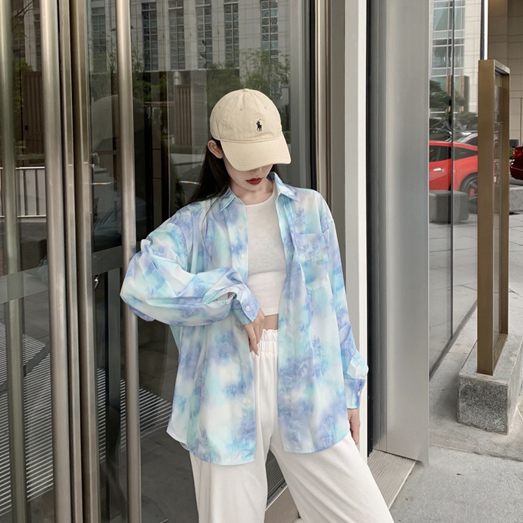 [CUCI GUDANG]Fashion Baru Wanita Korea Tie Dye Kemeja Sifon Longgar Lengan Panjang/Atas Lengan Pendek