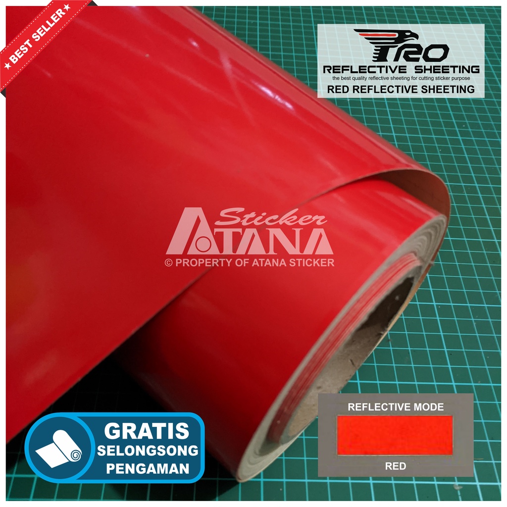 Bahan Stiker Cutting Merah Skotlet Reflektif Fosfor Red Pro Reflective Sheeting Prolite Nyala Printing Sticker Material Scotchlite Scolite Scotlet Sechotlite Memantulkan Cahaya Flash Malam Hari Mata Kucing Mesin Plotter