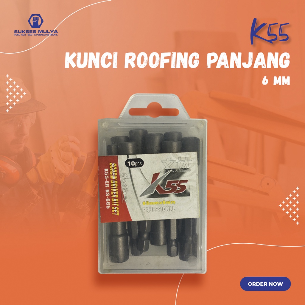 K55 Kunci Roving 6mm Panjang Mata Bor Roofing Baja Ringan Magnetic Nut Setter Rofing