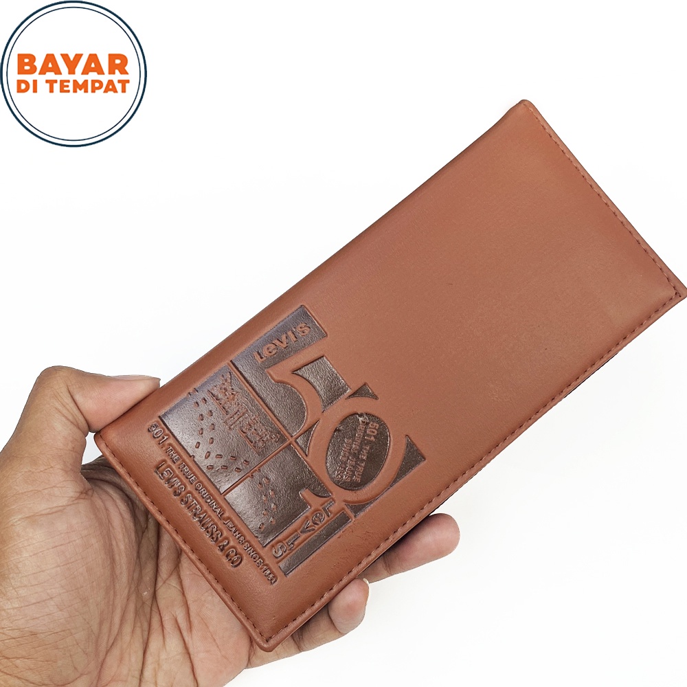 SHOPEE 6.6 SUPER SALE!! Dompet Kulit Pria Lipat Dua Dompet Panjang Model Retro Classic 501 Dompet Kulit Panjang Pria dan Wanita Dompet Bifold - Brown + BONUS BOX