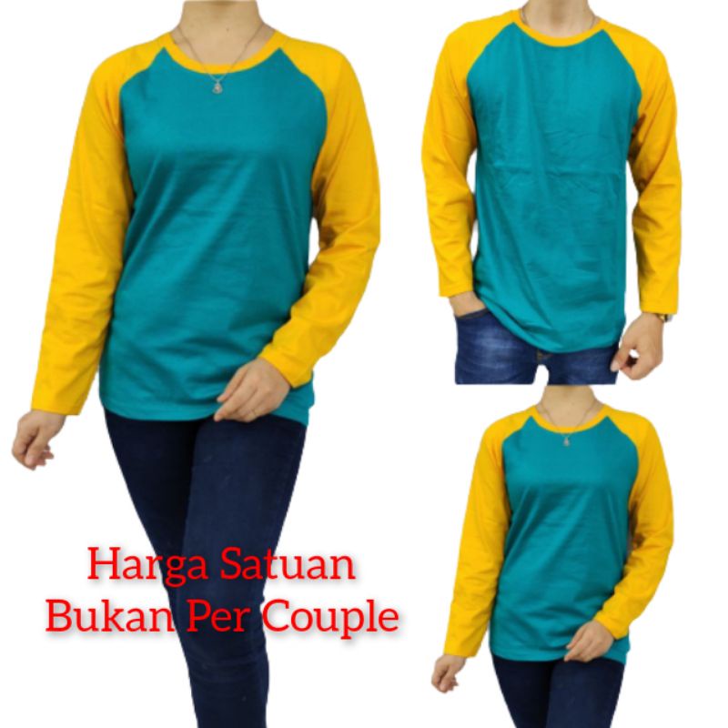 Kaos Polos Lengan Panjang Pria Wanita Hijau Tosca kombinasi Kuning Ukuran M L XL XXL