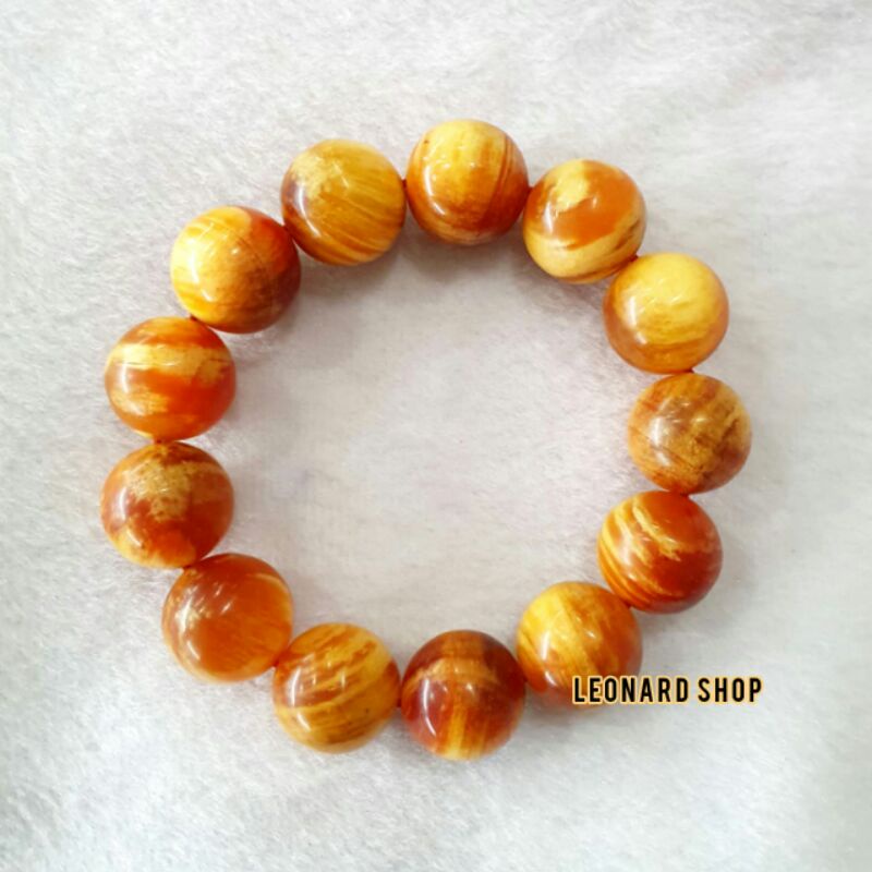 Gelang Kayu Pinus Premium Grade A Tembus Cahaya Merah Keemasan / Damar Getah Asli Aksesoris Pria dan