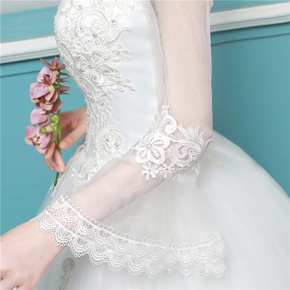 Fashion Wanita Bridal Lengan Panjang Lace Wedding Dress Bride Ball Gown