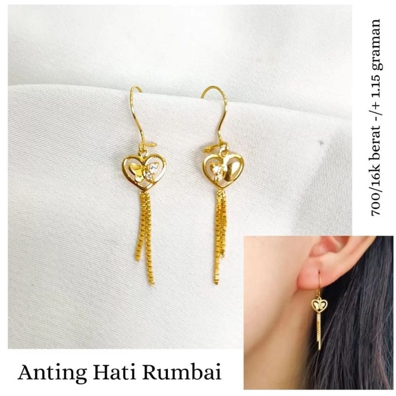 anting rumbai hati butterfly elegant emas asli