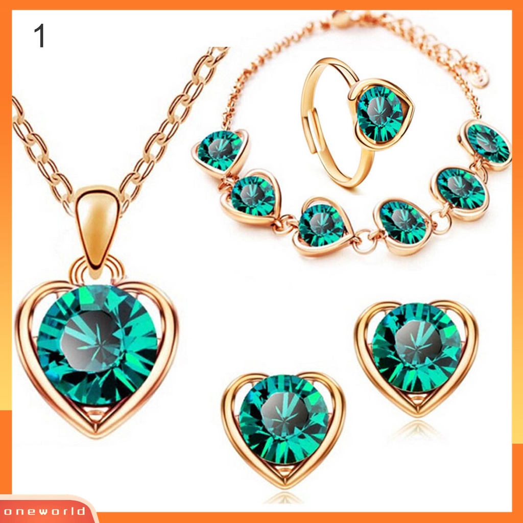 4pcs / Set Perhiasan Kalung Anting Gelang Cincin Liontin Hati Berlian Imitasi Berkilau Dapat Disesuaikan Untuk Wanita