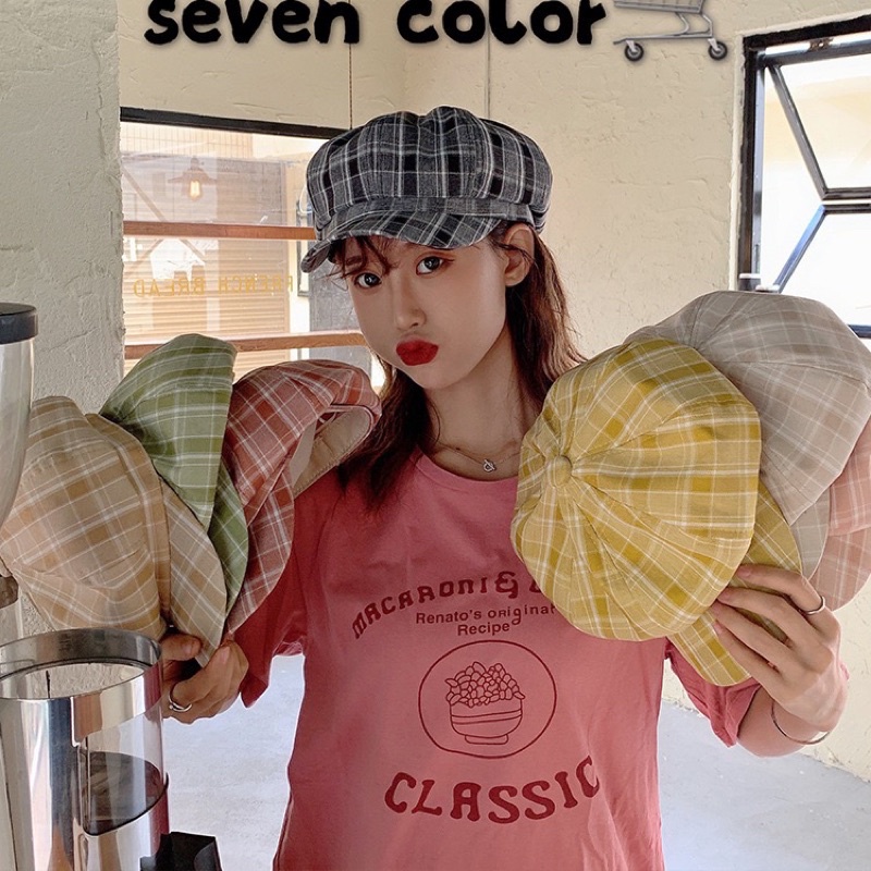 Styletoday Topi Baret Simple Motif Kotak Kotak Bahan Katun Gaya Korea jepang