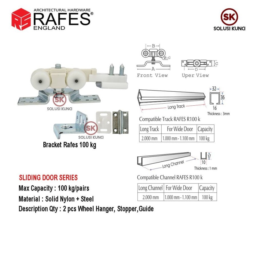 PAKET Rel Pintu Sliding RAFES England 100 KG / Roda Nilon + Steel