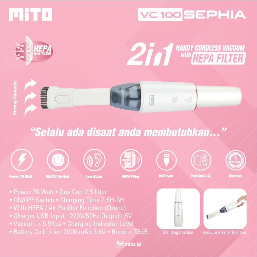 Vacuum Mito VC100 Sephia Portable Cleaner Wireless Penyedot Handy Car Mito Vacum Cleaner Vacuum Mobil Portable Vacuum Sedot Debu VC 100