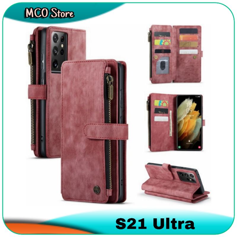 Casing Samsung Galaxy S21 Ultra S 21 Ultra Zipper Flip Leather Case Cover