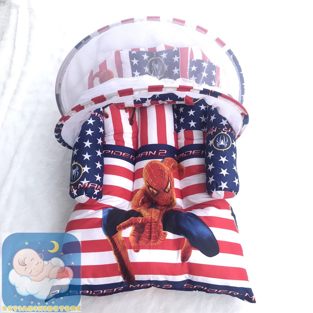 Kasur Bayi Set Motif Spiderman | Tempat Tidur Bayi Karakter Berkelambu |Perlengkapan Bayi Baru Lahir