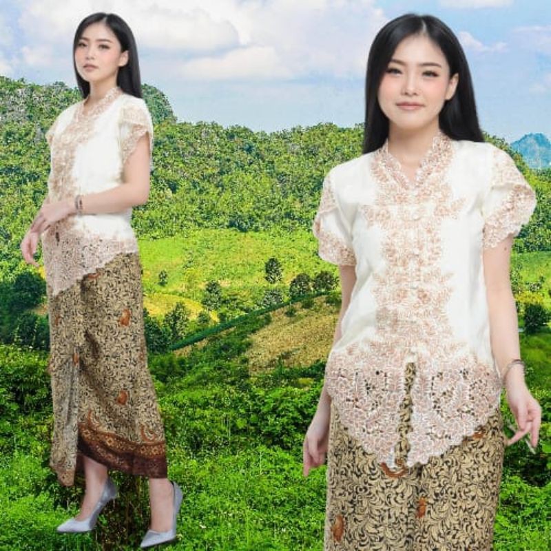 Atasan Kebaya Encim Senada Katun Silky Korea Kombinasi Brukat Lengan Tulip