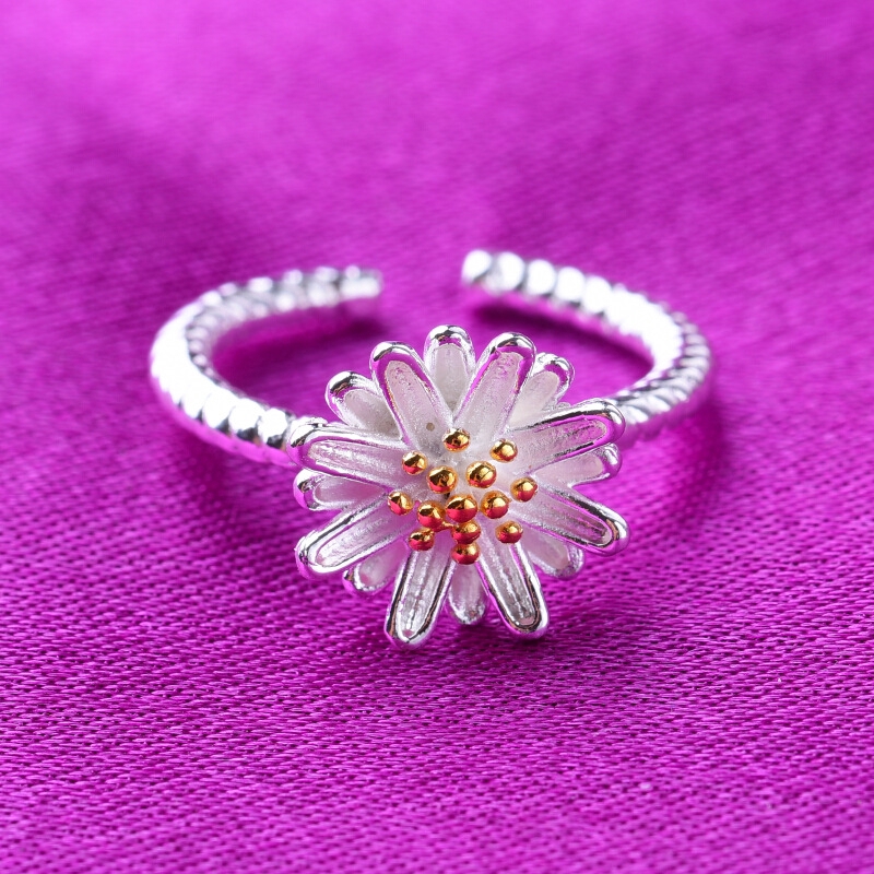 Cincin Pembukaan Perak Women Daisy Silver Opening Ring Trendy Flower Adjustable Finger Rings Jewelry Accessories