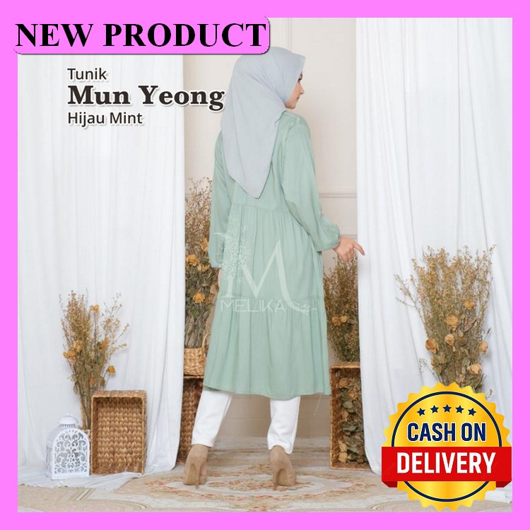 0 Tunik / Dress Wanita Korea Motif Mun Yeong Hijau Mint