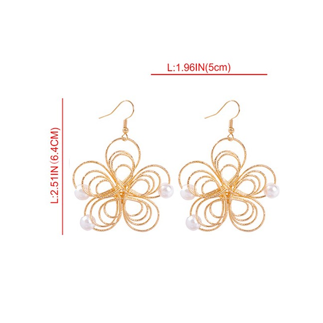 LRC Anting Gantung Fashion Gold Alloy Openwork Flower Pearl Earrings F77868