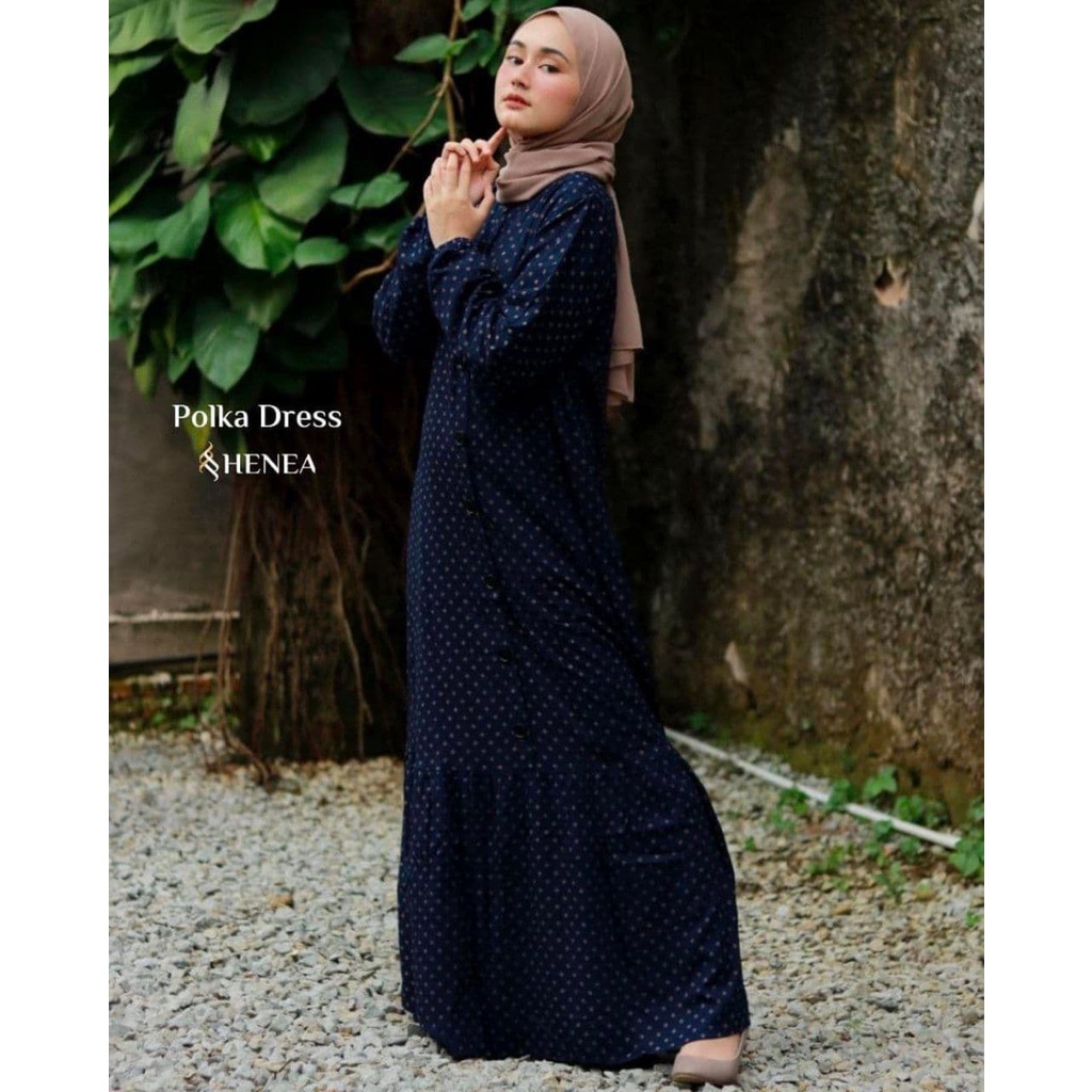 Dress Gamis Jumbo Henea Polka - Gamis Terbaru Rayon Premium Lengan Panjang  Maxidress Remaja Kekinian LD 125 cm