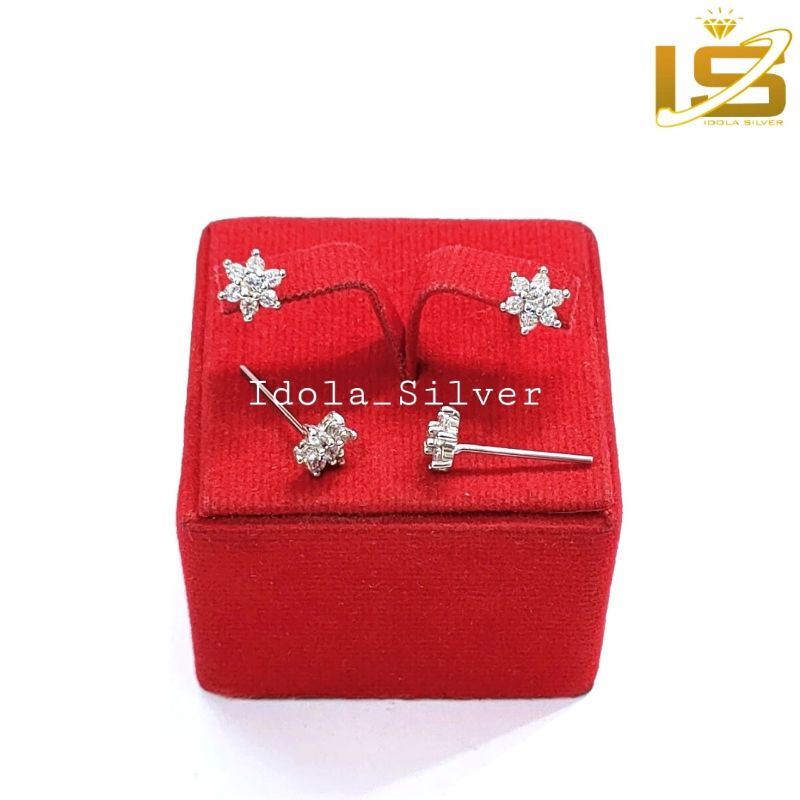 ANTING TUSUK PERAK ASLI SILVER WANITA 925 LAPIS EMAS PUTIH MODEL GIWANG BUNGA PERTAMA KECIL - PERHIASAN PERAK WANITA ASLI