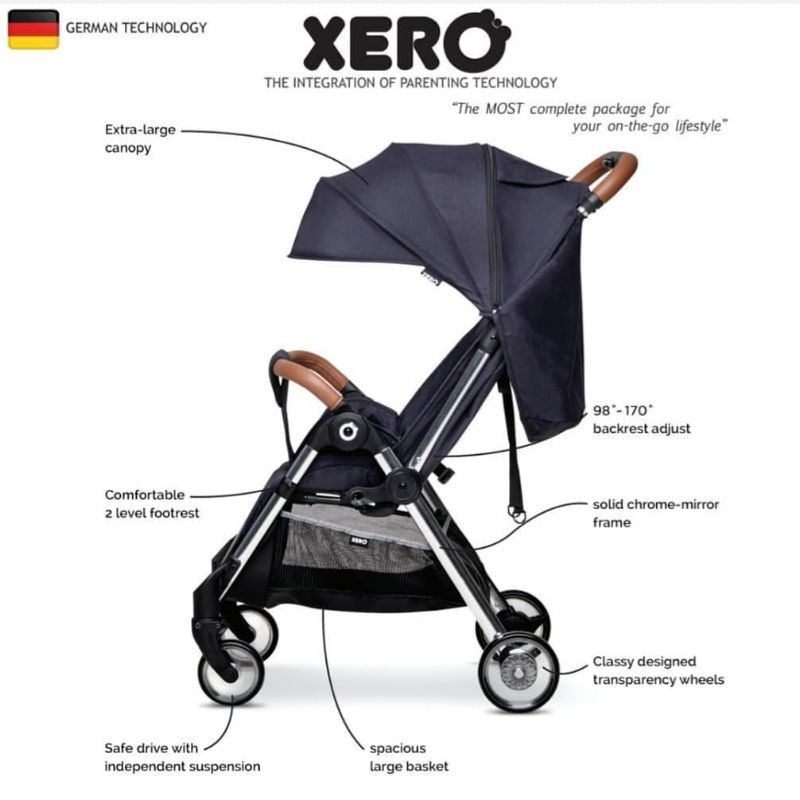 stroller XERO SUPER STRONG anak bayi newborn auto fold peeble grey oxford navy