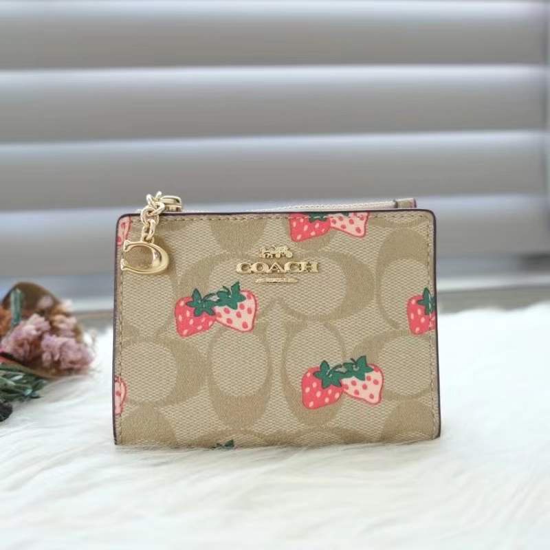 New COACH  Women's Wallet Bi-fold Card Holder Strawberry Pattern Coin Purse dompet wanita 91199