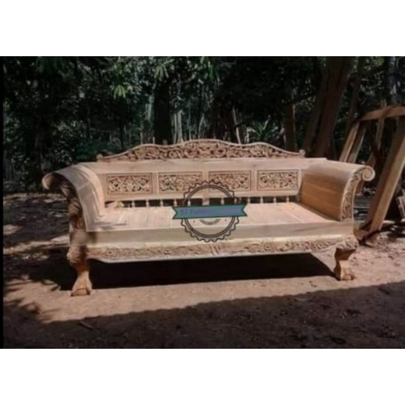 Daybed Bangku Jati Model Unik - Bale Bale Jati Ukiran Jepara - Kursi Panjang Santai - Mentahan