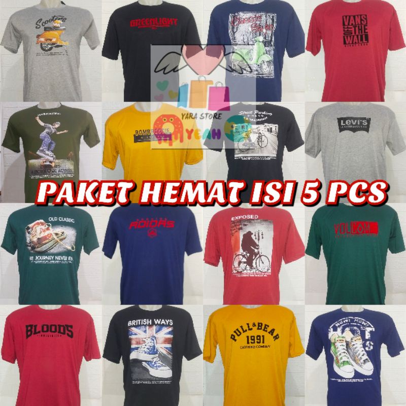 PAKET HEMAT ISI 5 PCS KAOS DISTRO TERBARU / BAJU MURAH / KAOS JUMBO / KAOS ANAK / KAOS DEWASA/ KAOS TERLARIS UKURAN XS S M L XL XXL 3XL 4XL TERMURAH