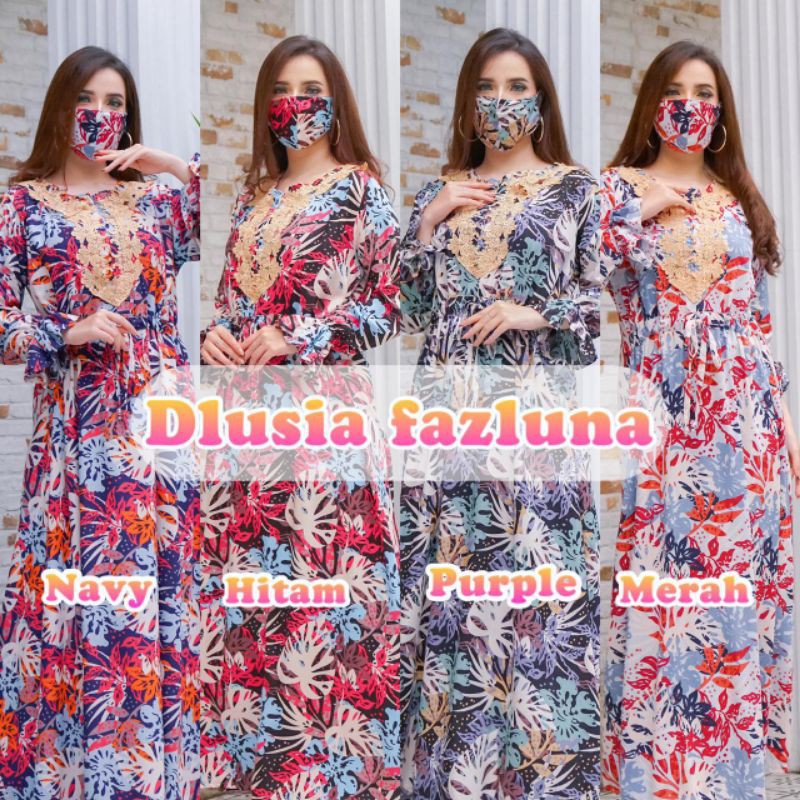 Daster arab Dlusia FAZLUNA Gamis Rayon Maxi Dress Rayon motif Renda Milo premium