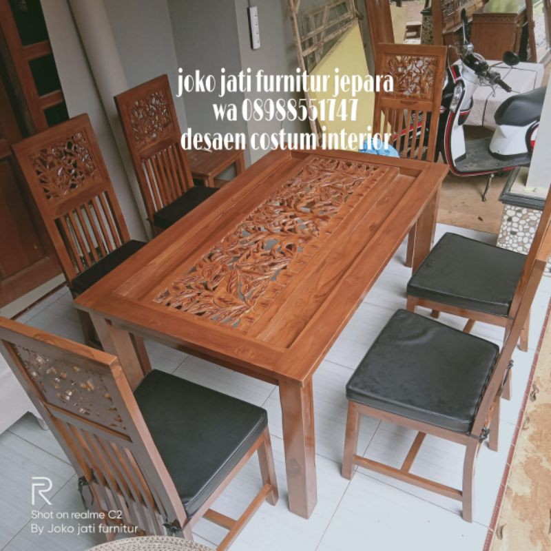 meja makan minimalis ukir kursi 6+kaca