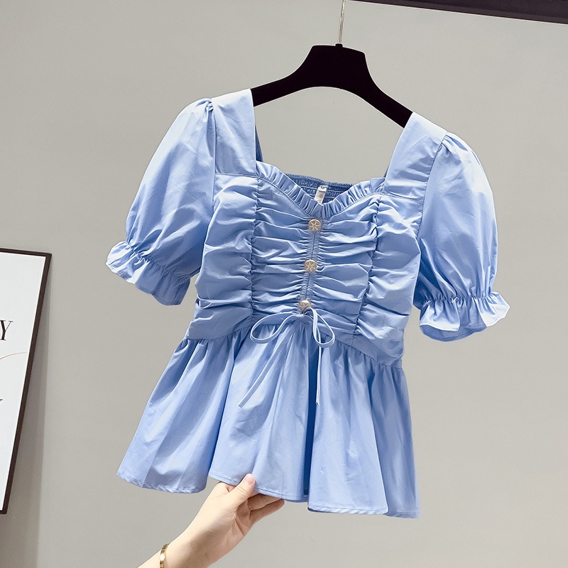 [✅BISA COD]  #Sisjuly# Wanita Lengan Pendek Chiffon Kemeja Putih Wanita Tipis Gaya Baru Menutupi Perut Pinggang Kecil Kemej