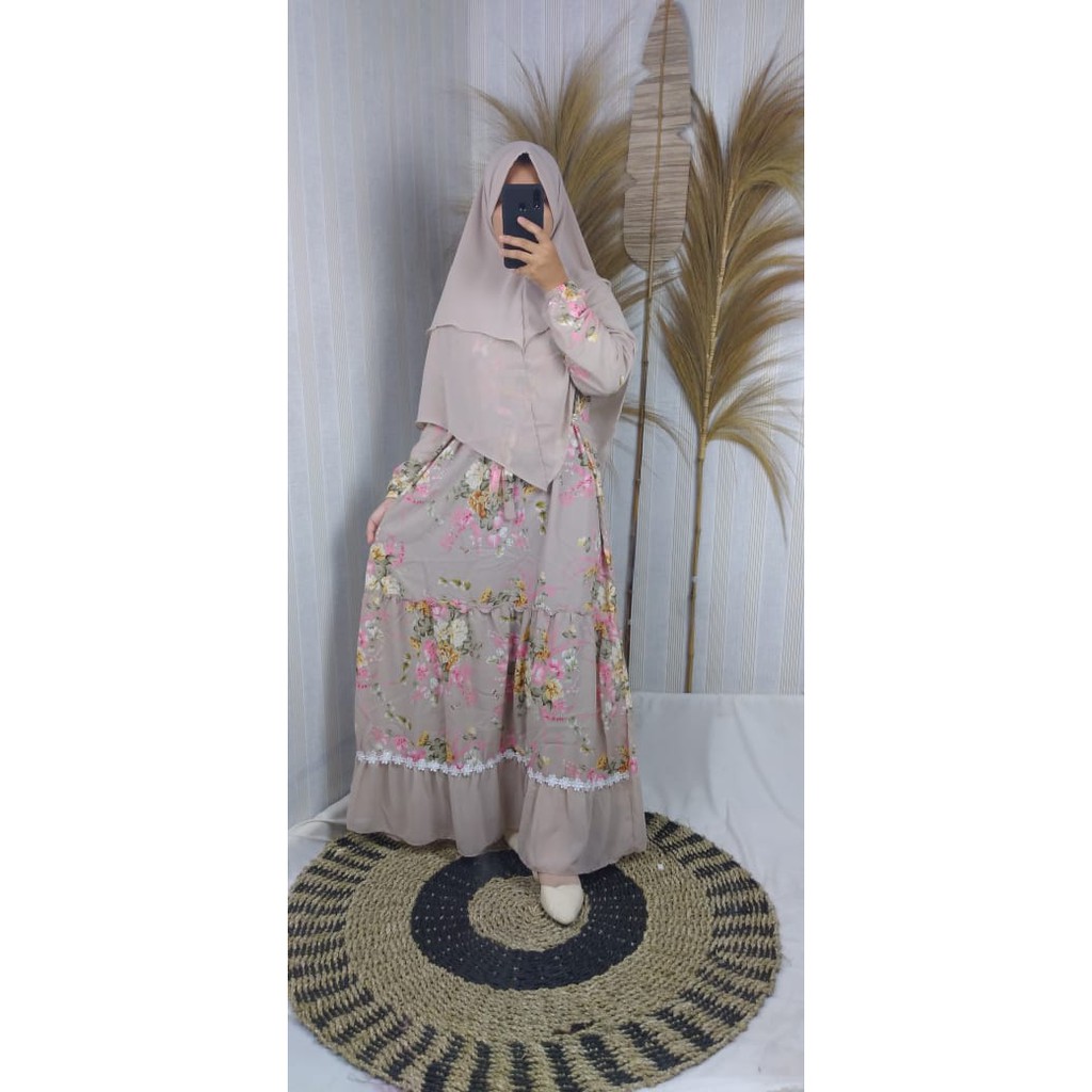 Gamis Monalisa set Khimar ceruty DINARA motif bunga abstrak