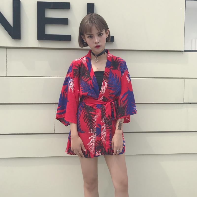 2022 Sifon Merah Biru Fashion Street Beach Cardigan Kimono Wanita Motif Jepang Harajuku Kimono Longgar Warna 2023