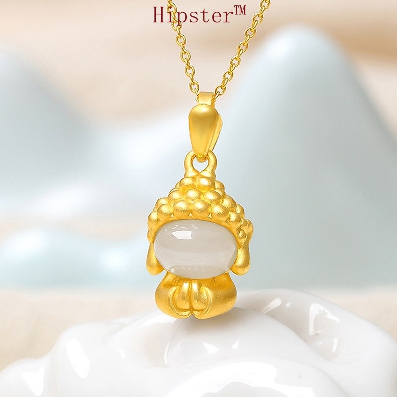 Fashion Classic Gold Cute Little Cute Buddha Inlaid Natural Gemstone Pendant Necklace