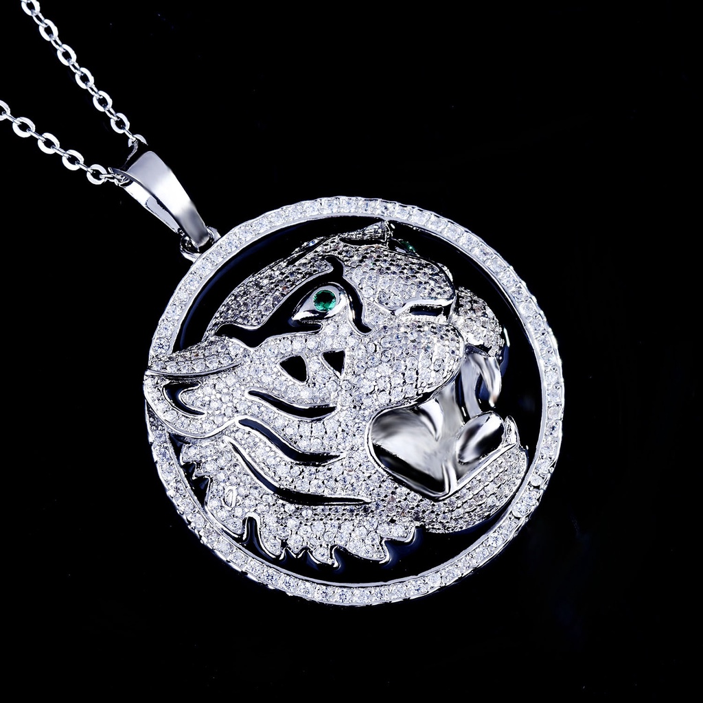 Kalung Liontin Kepala Harimau Aksen Berlian Bahan Stainless Gaya Hip Hop Untuk Pria