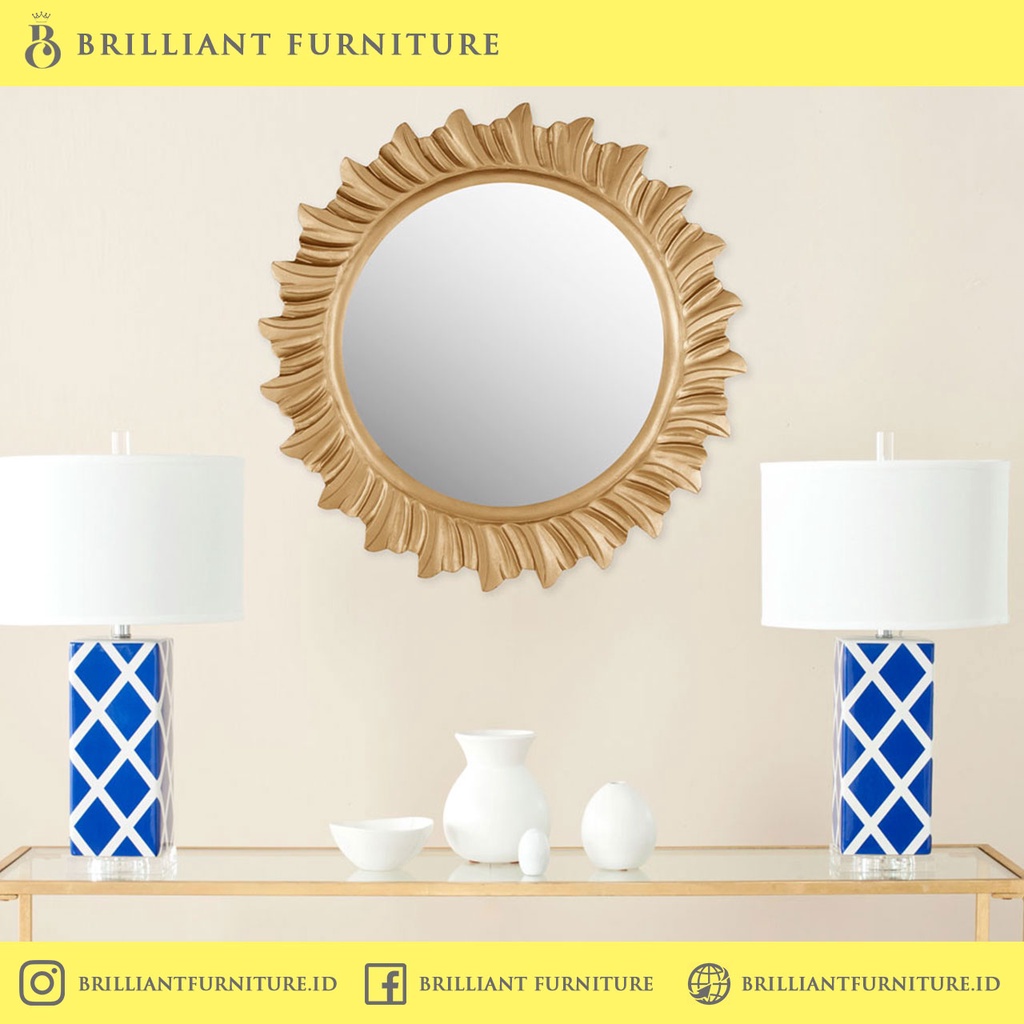 PIGURA KACA CERMIN HIAS DINDING BULAT UKIR MINIMALIS GOLD DUCO MEWAH