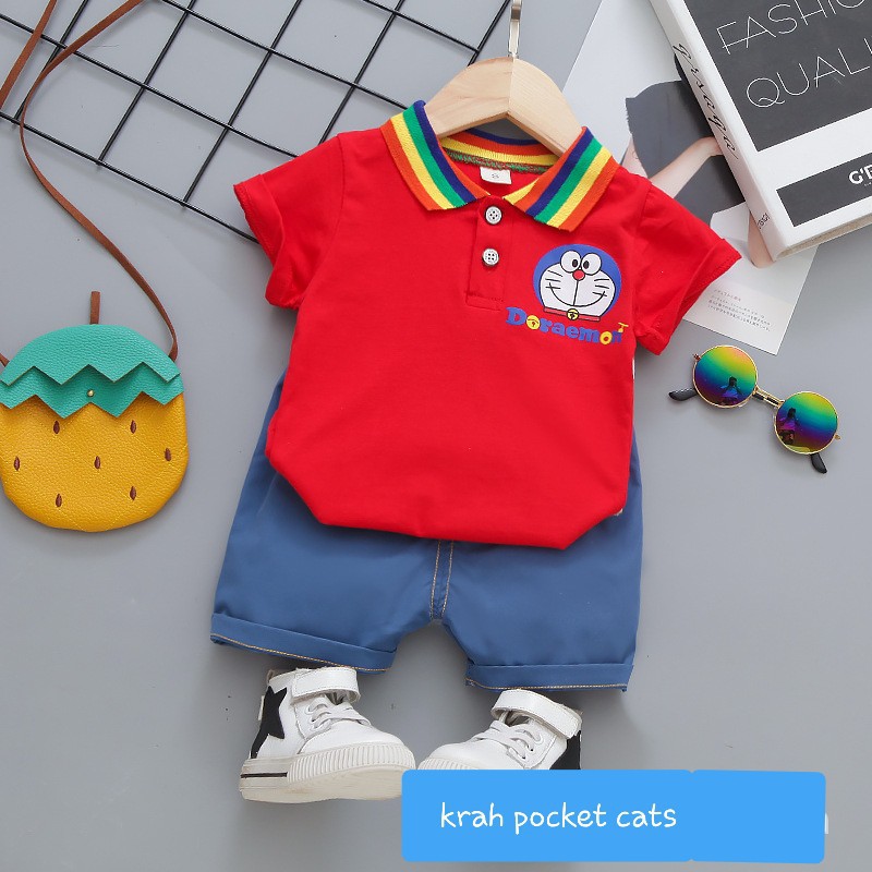LittleAaron SET KRAH POCKET CATS 1103 EBV Setelan Kemeja Bayi Laki-laki Lengan Pendek