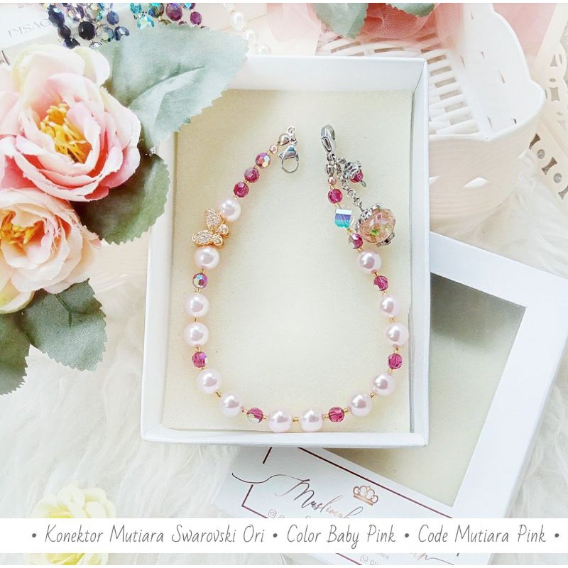 Konektor Masker Mutiara Ori Swarov Baby Pink 8mm mix Kristal Swarov Ori 6mm Fuchsia MEWAH per pcs.