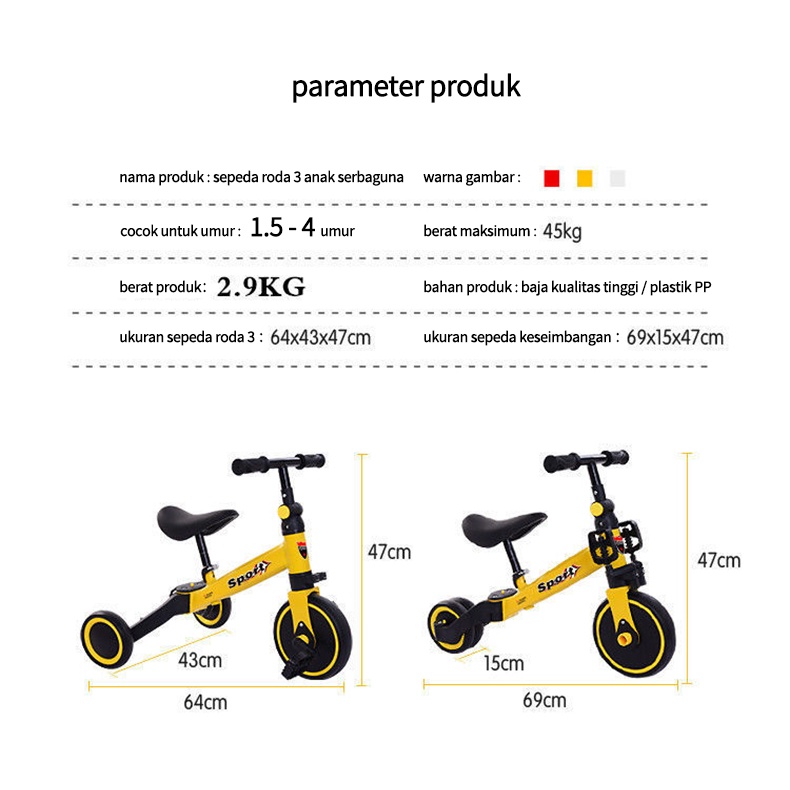 3 In 1 Kids Tricycle + Balance Bike + Baby Walker Child Push Bike Toddler