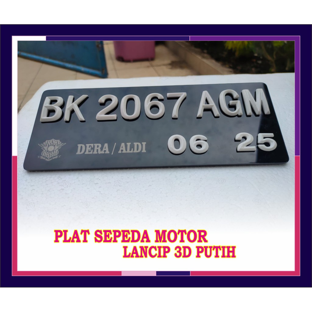 Plat Nomor Sepeda Motor Lancip 3D Putih