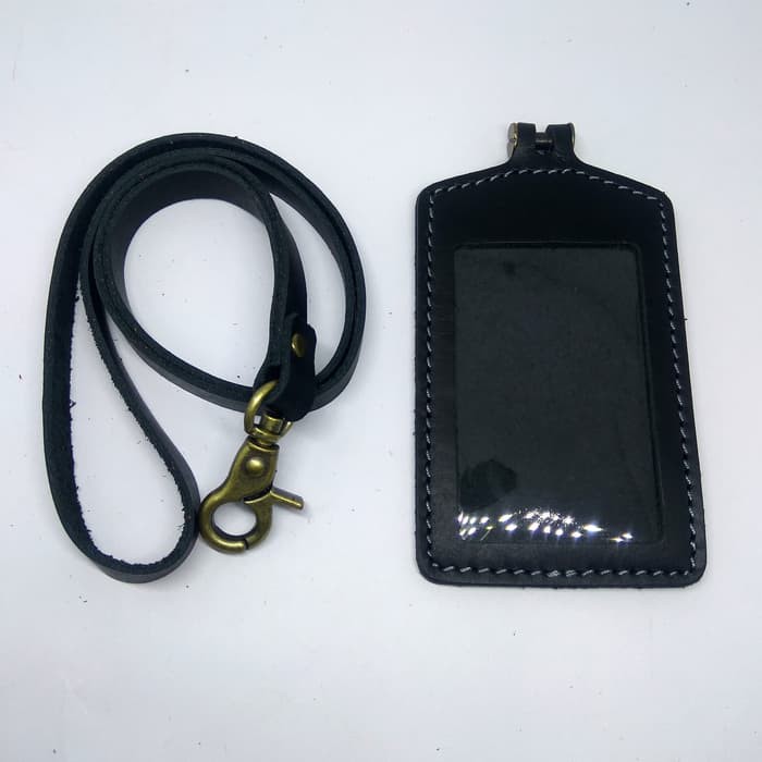 gantungan ID card kulit asli hitam - tali id card holder - PHID215