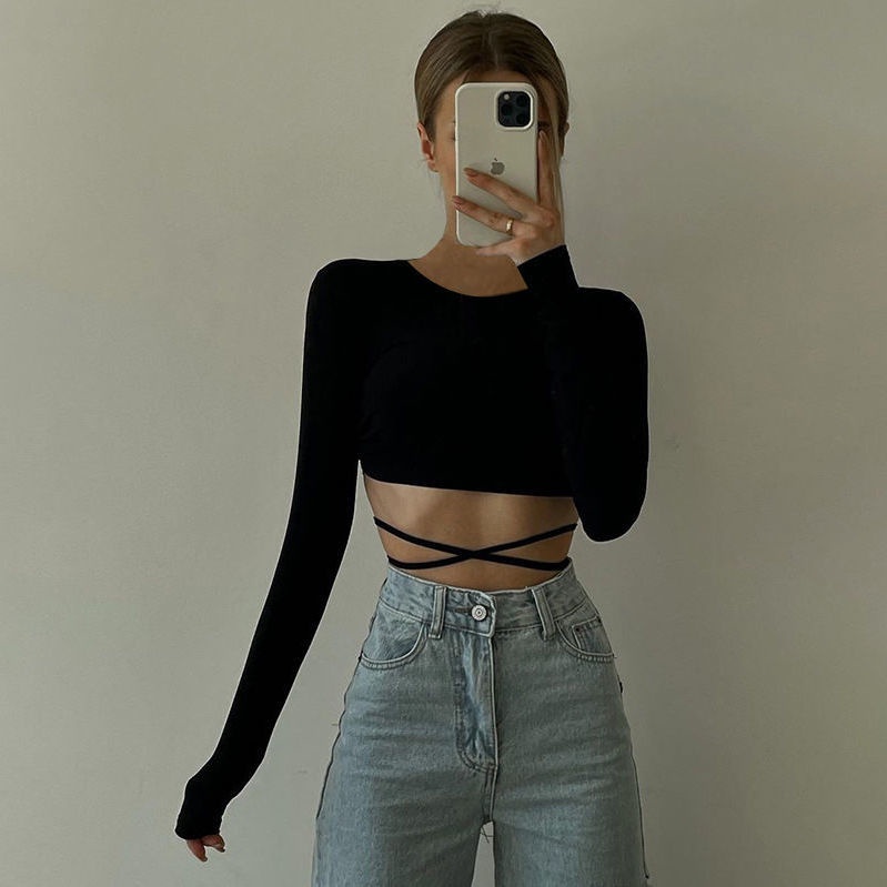 Suhao Fashionable Eropa dan Amerika Zebra Short Ribbon Round Neck Lengan Panjang T-Shirt Wanita Musim Gugur/Musim Dingin Temperamen Slim Fit Top