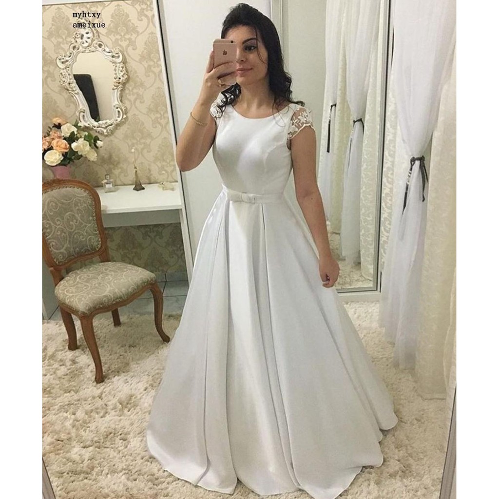 ‎Seksi Buka Kembali Cap Sleeve Gaun Malam 2020 Panjang Elegan Putih A-line Formal Party Dress 2021