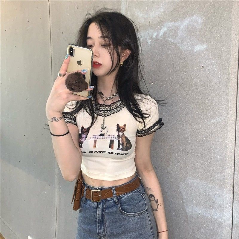 atasan renda import skinny lace atasan cropped navel print atasan lengan pendek wanita Hyuna Port