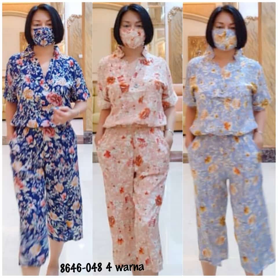 Baju setelan celana wanita bahan motif bunga rayon, setelan wanita