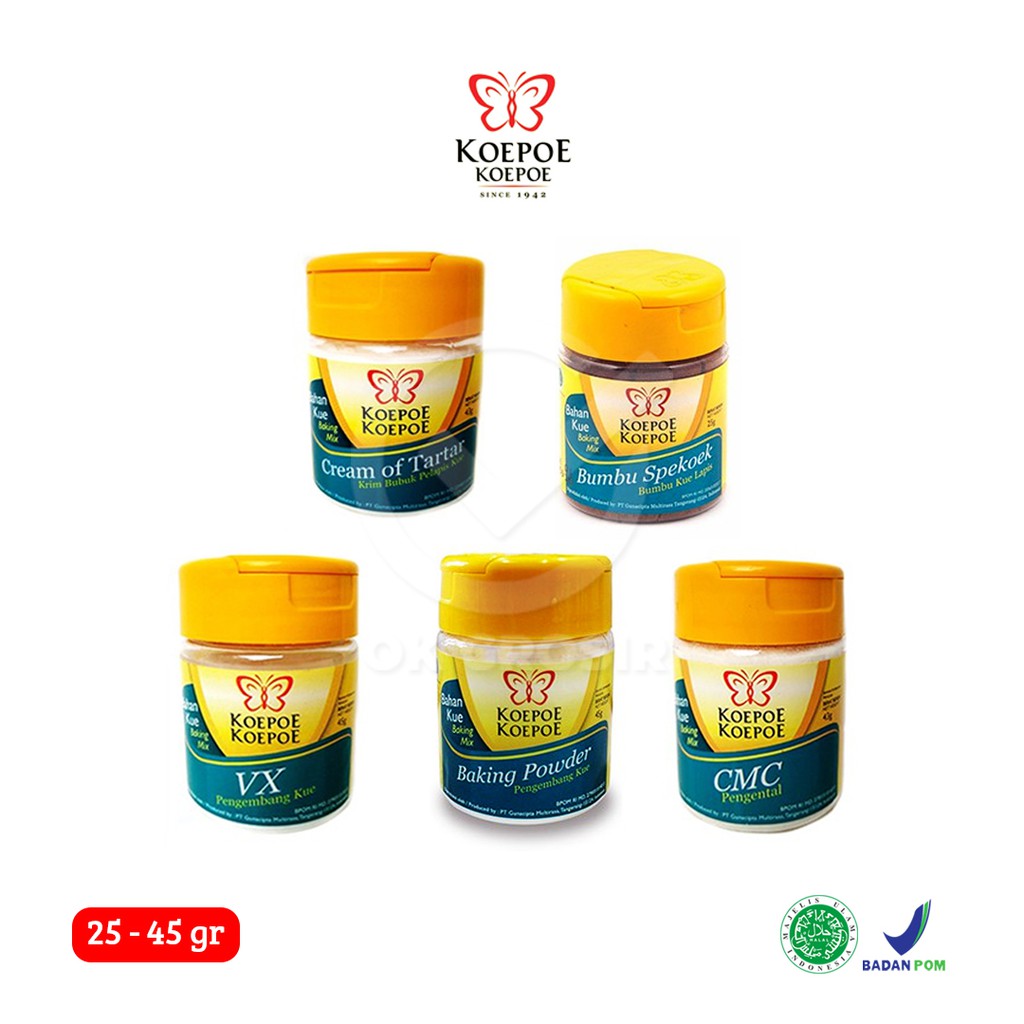 

Koepoe Cream of tartar / CMC / VX / Baking Powder / Spekoek (HALAL)
