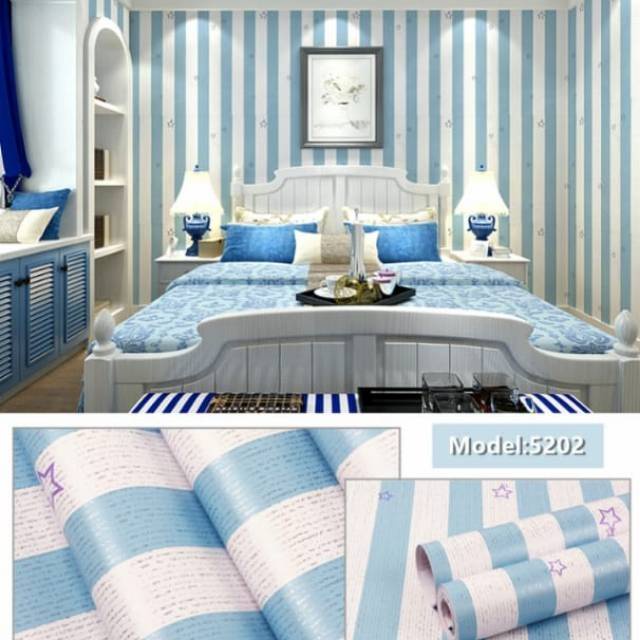 Wallpaper Sticker Murah / Wallpaper Dinding Motif Salur Biru Bintang