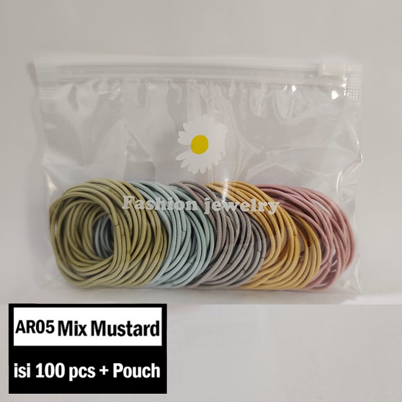 Ikat Rambut Karet Polos Elastis Gaya Korea Wanita / Karet Rambut / Karet Gelang Kucir isi 100pc MCO - AR05-Mix Mustard