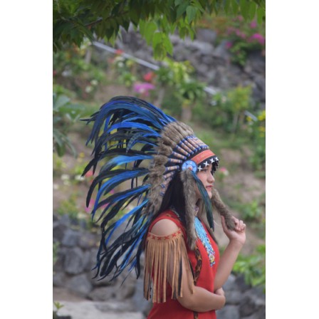 TOPI INDIAN-INDIAN HEADDRESS SMALL AYAM BILABONG BIRU FUR COKLAT