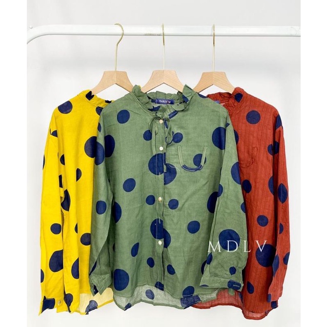 MDLV ~ 9874# Grande Polkadot Shirt Atasan Blouse Polkadot Full Collor Fashion Import