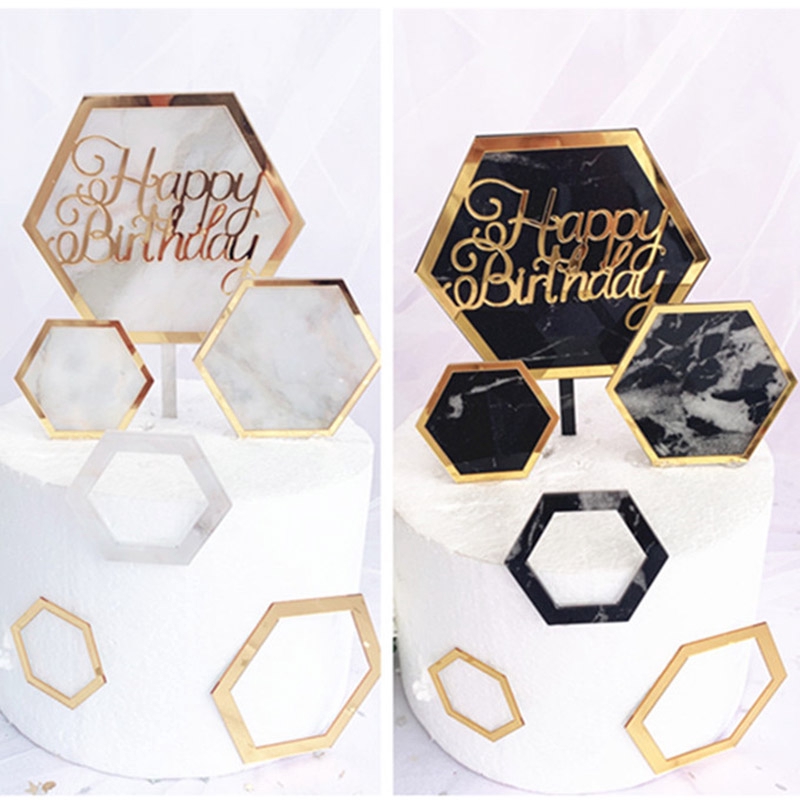 Topper Kue Bentuk Hexagonal Motif Marmer Bahan Akrilik Untuk Dekorasi Pesta Ulang Tahun