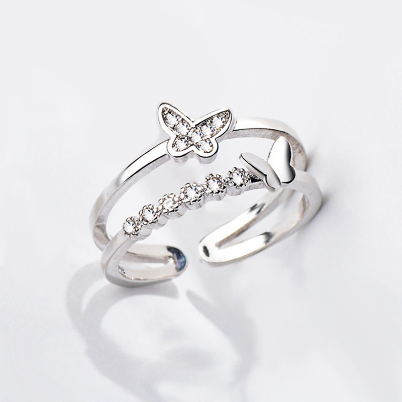 Fancyqube Cincin Sterling Silver 925 Model Terbuka Dapat Disesuaikan Bentuk Kupu-Kupu Bahan Cubic Zirconia Gaya Retro Butterfly