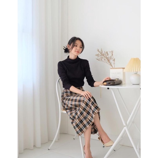 Rok Panjang Korea Tweed Midi Tartan Kotak - Soori Pattern Long Skirt - Brown, S