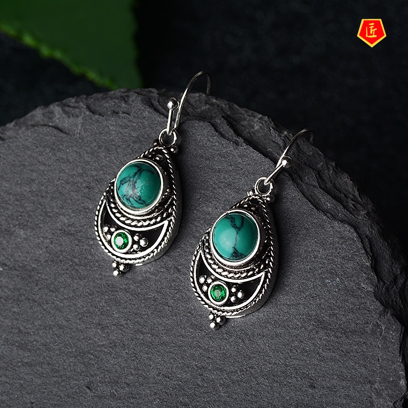 [Ready Stock]Silver Retro Fashion Turquoise Earrings